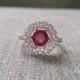 Halo Ruby Diamond Ballerina Antique Engagement Ring Gemstone Flower Filigree Red Round 14K White Gold Vintage "The Mae"