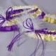 Wedding Garter Set in Purple and Yellow Polka Dot Satin with Swarovski Crystals and Marabou Feathers