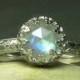Sterling Silver Rainbow Moonstone Engagement Ring, Fancy Bezel Setting, Rose Cut Gemstone
