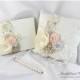 Set of 3 Wedding Bridal Handmade Lace Ring Pillow and Guest Book Pen Set Custom Bridal Bearer Brooch Flower Pillow in Ivory, Champagne Nude