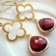 Garnet Earrings Red Gold Quatrefoil Clover - Bridesmaid Earrings - Wedding Earrings - Bridesmaid Jewelry Garnet