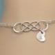 Silver Double Infinity Bracelet, Personalized Chain Bracelet, Monogrammed Heart Charm, His and Her Initials, Friendship Bracelet