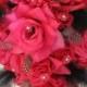 Free Shipping Wedding Bouquet Bridal Silk flowers Hot PINK FUCHSIA BLACK Feathers 17pc Cascade bouquets centerpieces "Roses and Dreams"