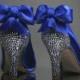 Wedding Shoes -- Royal Blue Peep Toe Wedding Shoes with Silver Rhinestone Heel, Matching Bow and Rhinestone Cluster on Toe