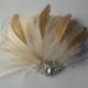 Ivory and Gold Bridal Fascinator Feather hair Accessory,Wedding Hair Clip large Rhinestone Jewel - ship ready