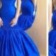 2015 Mermaid Sheer Cheap Evening Dresses Real Image Taffeta Blue Backless Train Sweep Applique Formal Dress Gowns Long Prom Party Dresses Online with $112.08/Piece on Hjklp88's Store 