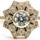 Art Deco Engagement Ring - Petal Double Halo 14k Yellow Gold and Diamond Nouveau Wedding Ring