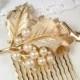 TRIFARI Brushed Rose Gold Ivory Pearl, Clear Rhinestone Leaf Bridal Hair Comb or Sash Pin, Headpiece / Wedding Accessory Vintage Modern Comb