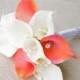 Silk Flower Wedding Bouquet - Medium Coral or Peach Calla Lilies Natural Touch with Crystals Silk Bridal Bouquet