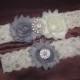 SALE Wedding Garter Belt, Bridal Garter Set - Ivory Lace Garter, Keepsake Garter, Toss Garter, Shabby Chiffon Grey and Ivory Wedding Garter