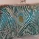 Peacock Feather Clutch/Purse/Bag..Silk Brocade..Teal and Gold/Silver..Wrap made to match..Free Monogram..Bridal..Wedding Gift