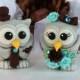 Tattoo wedding cake topper, tattooed owl bride and groom, chocolate turquoise wedding with banner