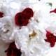 Silk Bridal Bouquet - Faux Bouquet - Artificial Bouquet - White and Red Bouquet - Matching Boutonniere Included