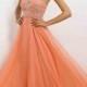 Fashion Cheap Halter Straps Illusion Beaded Chiffon Coral Evening Dress
