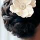 Petite Ivory Flower with rhinestone and feathers / ivory hair flower / ivory flower hair clip / ivory bridal flower