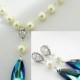 White Ivory Pearl Earrings and Necklace Set, Bermuda Blue Swarovski Teardrop, Peacock Blue Wedding Jewelry Set, Bridesmaid Gift Set.