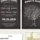 Tree with Initials Chalkboard  Wedding Invitation Card and RSVP Card Design fee - Oak tree wedding invitation and vintage map RSVP card