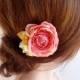 coral flower for hair, bridal hair clip, flower girl hair, bridesmaid hair accessories, yellow, green, gray, floral hair comb, hair clip