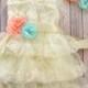 Coral Mint Ivory Lace Flower Girl Dress Headband set, Peach Wedding dress, Coral mint Wedding, Green Wedding,  Vintage Style Petti Dress