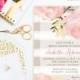 Romantic Garden Peonie Flowers Taupe Stripes Blush Pink Bridal Shower Invitation Printable