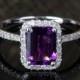 6x8mm Emerald Cut Amethyst 14k White Gold Pave .29ct Diamonds Halo Engagement Ring