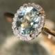 Handmade Natural Aquamarine Engagement Ring 9x7mm Oval Aquamarine Wedding Ring Halo Diamond Ring 14k Rose Gold (Other Metals Available)