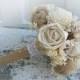 Country Wedding Bridal Bouquet, Sola Flowers, Burlap Roses, Wheat, Mini Pine Cones, Tallow Berries. Made to Order.
