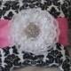 Damask Ring Pillow with a White Lace and Satin flower and Crystal Brooch Center