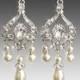 Pearl Bridal Chandelier Earrings Crystal and Rhinestone Silver Wedding Jewelry - JASMINE