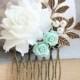 White Rose Comb Mint Rose Floral Collage Pastel Aqua Bridal Hair Accessories Gold Leaf Leaves Beach Wedding Nature Inspired Hair Piece