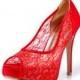Trailblazer, Red Lace Wedding Shoe, Peep Lace Satin Wedding Heels,Red Bridal Shoes,Red Wedding Shoes