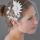 Bandeau 75 -- Veil Set w/ SILVER RHINESTONE FLOWER Hair Comb & Ivory or White 9" Birdcage Blusher for wedding bridal accessory
