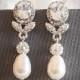 Statement Bridal Earrings, Swarovski Teardrop Pearl Wedding Earrings, Art Deco Crystal Leaf Pearl Dangle Earrings, Wedding Jewelry, RUBIE