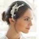 Bridal bandeau veil with floral lace, wedding veil with Swarovski Pearls