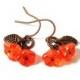 Flower Earrings, Orange Satin Bouquet, Copper Blossoms and Leaves, Dangle Earrings, FREE Shipping U.S.