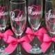 8 Monogrammed Bride and Bridesmaids Champagne Flutes, Personalized Wedding Glasses