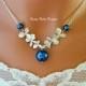 Blue Necklace Pearl Peacock Royal Blue Orchid Flower Wedding Jewelry Bridesmaid Gift