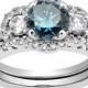 1.75CT 3-Stone Blue Diamond Engagement Ring Matching Wedding Pave Band Bridal Set 14 Karat White Gold Halo