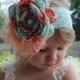 Mint Green and Peach/Coral Couture-Baby Headband-Photo Prop-Wedding Headband-Couture Headband, Fascinator, OTT Headband