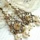 Vintage style chandelier earrings, bridal earrings, wedding jewelry with Swarovski pearls and golden shadow crystals, bridesmaid earrings
