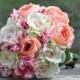 Wedding Bouquet, Keepsake Bouquet, Bridal Bouquet, made with Pink Hydrangea, Coral Cabbage Rose and Blush Rose silk flowers. - New