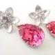 Rose pink 18x13 swarovski crystal teardrop silver earrings 925 sterling silver flower post wedding jewelry bridesmaid gifts birthday gifts