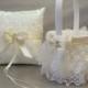 Wedding Bridal, Flower Girl Basket and Ring Bearer Pillow Set, Ivory on Ivory ~ Double Loop Bow & Double Hearts Charm ~ Allison Line