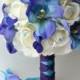Bridal Bride Bouquet Groom Boutonniere Wedding Elegant Set Roses Ivory Turquoise BLUE PURPLE ORCHID  "Lily of Angeles"