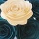 12 Dark Teal & Cream Paper Flowers - Wedding - Home Decor - Bridal Shower - Mother GIft - Baby Shower - Sister Gift - Bouquet - Gift - Party