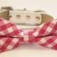 Plaid Pink Dog Bow tie with High Quality White Leather Collar, Cute Dog Bow tie,Cute Pink Dog Bow tie