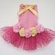 Dog dress tutu in pink and yellow with satin flowers. Summer dog dress doggie bling