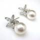Bridal earrings jewelry wedding pearl earrings cubic zirconia deco five petal Flower post earrings with 10mm swarovski white or cream pearl