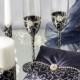 Navy & Silver lace-Wedding SET/Champagne glasses/Wedding Unity Candle/Wedding ring pillow/painted handmade/Navy weddings Set/6 pcs