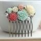 Mint Green Rose, Coral, Ivory, Pearl Collage Flower Hair Comb. Bridesmaid Gift. Coral and Mint Wedding. Bridal Wedding. Summer Weddings. Sis
